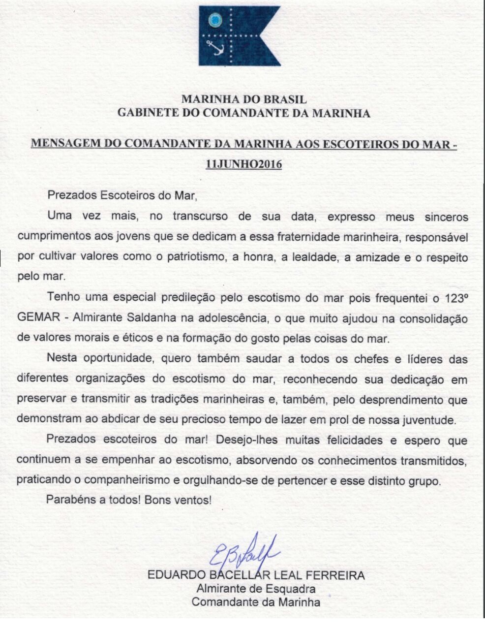 Carta do Comandante da Marinha do Brasil